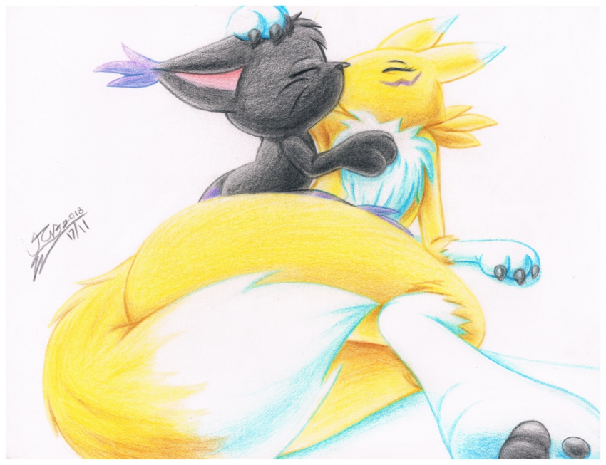 anthro black_nose blackgatomon butt canine cat claws digimon digimon_(species) ear_tuft feline female fur kissing male mammal milesnukem multicolored_fur nude pencil_(artwork) renamon simple_background traditional_media_(artwork) tuft whiskers white_background white_fur yellow_fur