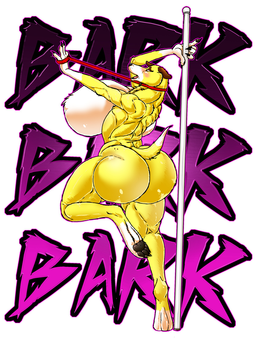 abstract_background anthro big_breasts big_butt blush breasts butt canine claws collar dog female huge_breasts huge_butt mammal martha muscles open_mouth paws plain_background pole text toe_claws xtrent968