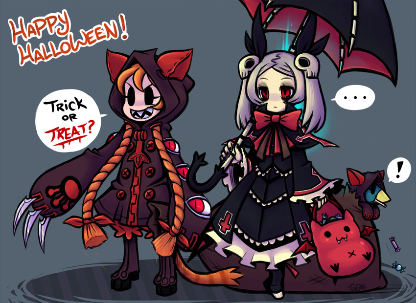 ... 2girls alternate_hair_length alternate_hairstyle animal_hood avery_(skullgirls) bad_id bad_pixiv_id bag black_umbrella blazblue bloody_marie_(skullgirls) bow braid candy cat_hood claw_(weapon) cosplay dress expressionless eyelashes eyes food gias-ex-machella gii gloves gothic_lolita hair_ornament hair_ribbon halloween halloween_costume happy_halloween hood hoodie lolita_fashion long_hair multiple_girls no_eyes pale_skin paw_gloves paws peacock_(skullgirls) rachel_alucard rachel_alucard_(cosplay) red_bow red_eyes ribbon sack sharp_teeth silver_hair skull_hair_ornament skullgirls spoken_exclamation_mark taokaka taokaka_(cosplay) teeth trick_or_treat twin_braids twintails umbrella weapon