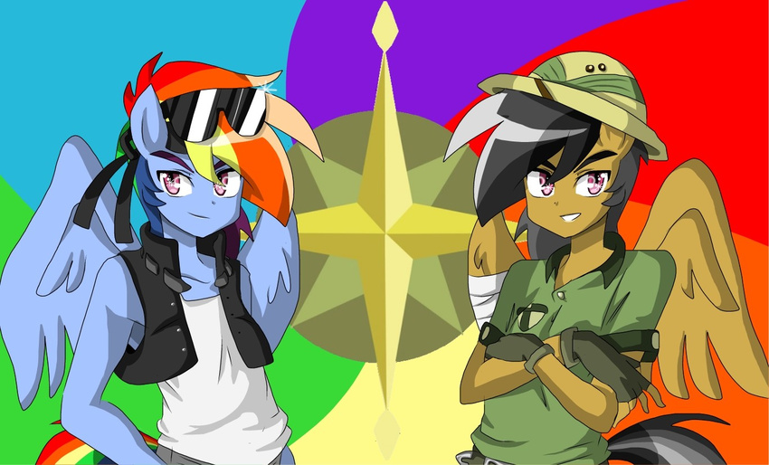 anthro anthrofied bandage black_hair clothing crossgender daring_do_(mlp) duo equine eyewear female fingerless_gloves friendship_is_magic glasses gloves hair hat horse male mammal multi-colored_hair my_little_pony pegasus pony purple_eyes rainbow_dash_(mlp) rainbow_hair sunglasses thegreatrouge wings