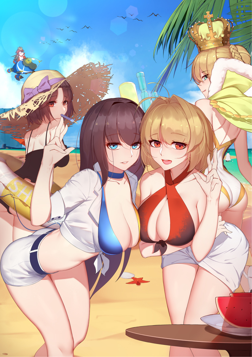 5girls aozaki_aoko arcueid_brunestud artoria_pendragon_(all) artoria_pendragon_(swimsuit_archer) ass bangs beach black_hair blonde_hair blue_dress blue_eyes blue_legwear bow braid breasts cape cleavage competition_swimsuit crown dress eyebrows_visible_through_hair fate/grand_order fate_(series) food french_braid fruit green_eyes hair_between_eyes hat highres innertube langya_beike large_breasts medium_breasts multiple_girls nero_claudius_(fate)_(all) nero_claudius_(swimsuit_caster)_(fate) oda_nobunaga_(fate) one-piece_swimsuit red_eyes ryougi_shiki short_hair short_shorts shorts smile sun_hat swimsuit water_gun watermelon weapon white_swimsuit yellow_eyes