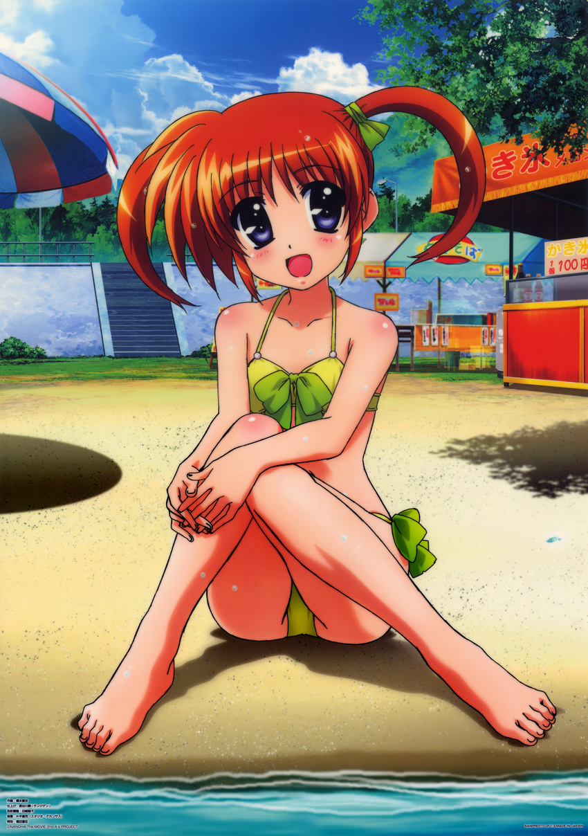 1girl :d absurdres barefoot beach beach_umbrella bikini blush brown_hair cloud flat_chest food_stand green_bikini hashimoto_takayoshi highres lamppost lyrical_nanoha mahou_shoujo_lyrical_nanoha official_art open_mouth railing scan shade sky smile solo stairs swimsuit takamachi_nanoha tree twintails water