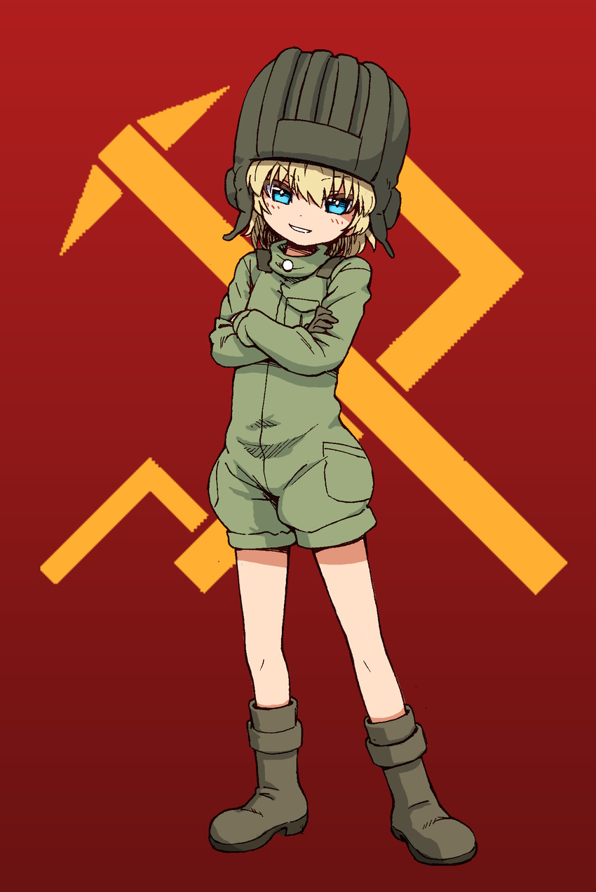 blonde_hair blue_eyes emblem girls_und_panzer highres katyusha looking_at_viewer military military_uniform pravda_(emblem) pravda_military_uniform sabaku_chitai short_hair short_jumpsuit simple_background smile solo uniform