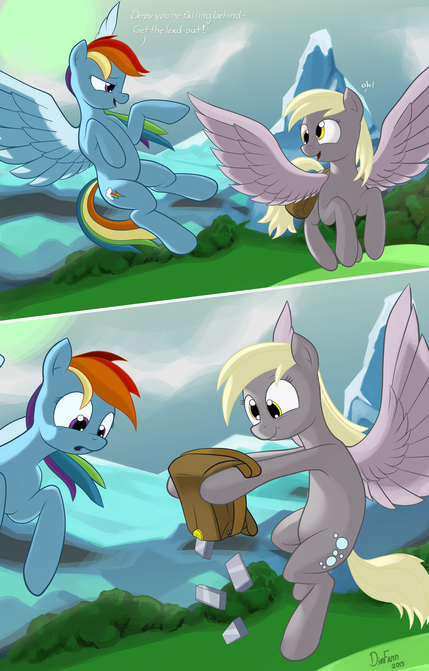 absurd_res amber_eyes bag blonde_hair blue_fur bricks cloud clouds comic cutie_mark derpy_hooves_(mlp) dimfann duo english_text equine female feral flying forest friendship_is_magic fur grass grey_fur hair hi_res horse lead lead_bars long_hair mammal mountain multi-colored_hair my_little_pony open_mouth outside pegasus pony purple_eyes rainbow_dash_(mlp) rainbow_hair sky smile text tree weights wings yellow_eyes