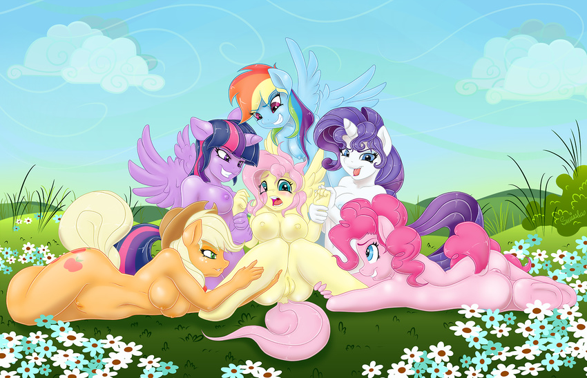 anthro anthrofied anus applejack_(mlp) biting_lip blonde_hair blue_eyes blue_fur blush breasts cloud clouds cowboy_hat equine female flower fluttershy_(mlp) friendship_is_magic fur grab green_eyes grin group hair hat holding horn lip_bite lying mammal multi-colored_hair my_little_pony on_side orange_fur outside pegasus pink_fur pink_hair pinkie_pie_(mlp) purple_eyes purple_fur purple_hair pussy rainbow_dash_(mlp) rainbow_hair rarity_(mlp) swissleos twilight_sparkle_(mlp) unicorn white_fur winged_unicorn wings yellow_fur