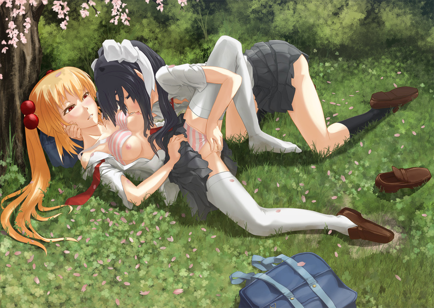 black_hair blonde_hair bra breasts doumyouji_sakura fingering grass headdress kitakubu_katsudou_kiroku long_hair mact oohagi_botan open_shirt panties petals pussy_juice red_eyes seifuku skirt socks striped_panties thighhighs twintails underwear yuri