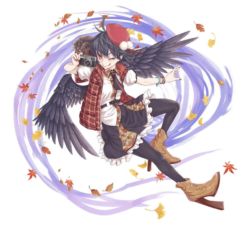 adapted_costume alternate_headwear autumn_leaves black_hair black_legwear black_wings boots bracelet camera geta ginkgo hat jewelry licking_lips looking_at_viewer mumulatte nail_polish necktie one_eye_closed open_clothes open_vest pantyhose pointy_ears puffy_sleeves red_nails shameimaru_aya shirt short_sleeves skirt smile solo tongue tongue_out touhou vest wings