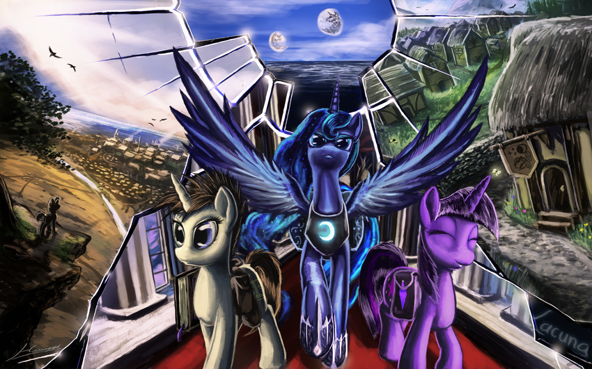 abstract_background armor birds blue_eyes blue_hair book brown_hair carpet cutie_mark detailed_background equine eyes_closed eyewear female feral friendship_is_magic group hair horn horse house huussii jewelry long_hair looking_at_viewer mammal moon my_little_pony necklace original_character pillar pony princess_luna_(mlp) purple_hair saddle_bag sand_shaper_(mlp) scenery sea short_hair sign smile smoke spread_wings sunglasses tree twilight_sparkle_(mlp) unicorn village water wave waves window winged_unicorn wings wood