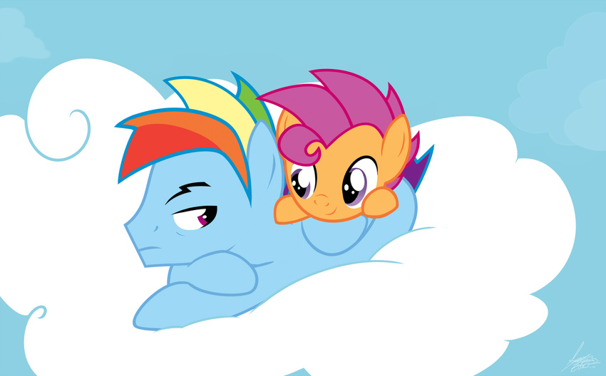 chicasonic cloud couple crossgender cub duo equine feral friendship_is_magic hair lying male mammal multi-colored_hair my_little_pony outside pegasus purple_eyes purple_hair rainbow_dash_(mlp) rainbow_hair scootaloo_(mlp) sky wings young