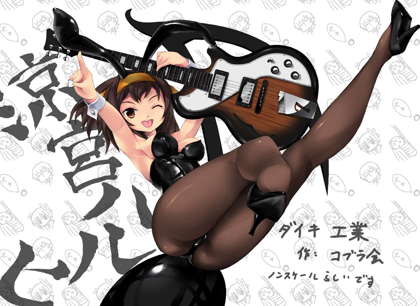 animal_ears ass bad_id bad_pixiv_id brown_eyes brown_hair bunny_ears bunny_girl bunnysuit derivative_work guitar hairband high_heels imazon instrument legs one_eye_closed pantyhose shoes short_hair solo suzumiya_haruhi suzumiya_haruhi_no_yuuutsu wrist_cuffs