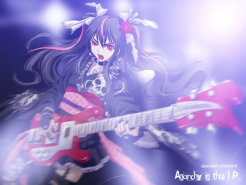 bass_guitar black_hair chain collar cross earrings garter_belt guitar highlights iga_tomoteru instrument japanese_clothes jewelry kimono kimono_skirt lolita_fashion long_hair multicolored_hair original red_eyes rickenbacker solo thighhighs twintails two-tone_hair wa_lolita wallpaper