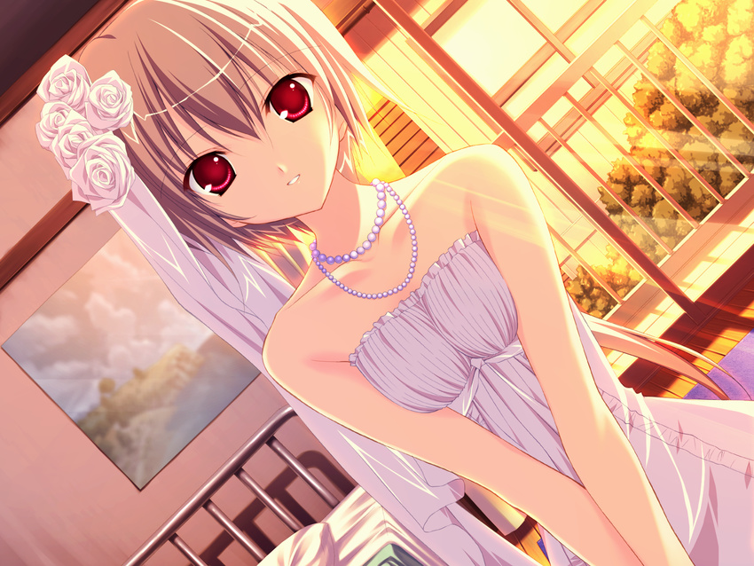 dress fumio_(ura_fmo) game_cg highres jewelry kuu_(lyrical_lyric) looking_at_viewer lyrical_ds lyrical_lyric necklace red_eyes short_hair smile solo wallpaper wedding_dress