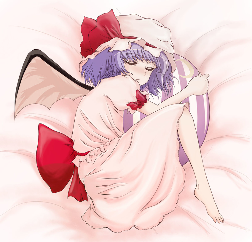 bad_id bad_pixiv_id barefoot bat_wings blue_hair closed_eyes feet fetal_position full_body hat plantar_flexion remilia_scarlet ribbon rp_(necho) short_hair sleeping solo touhou wings