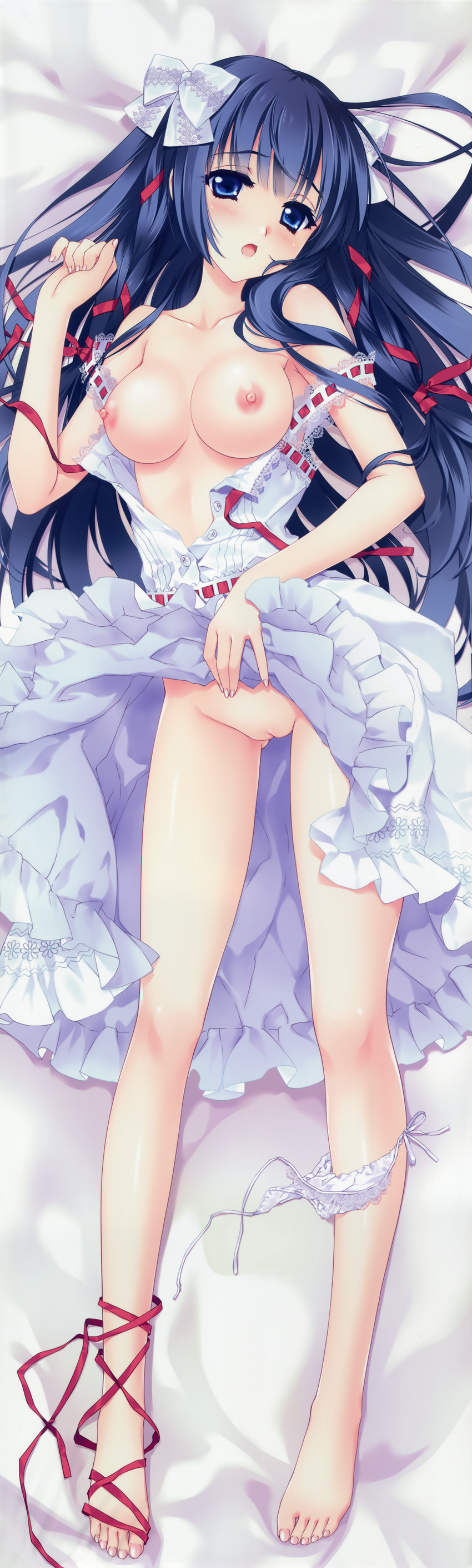absurdres ankle_ribbon barefoot bed bed_sheet blue_eyes blue_hair blush breasts carnelian dakimakura dress feet from_above full_body highres himeka_(carnelian) huge_filesize large_breasts legs looking_at_viewer lying nipples no_bra on_back on_bed on_stomach open_clothes open_dress original panties panty_pull pussy ribbon side-tie_panties solo sundress underwear white_dress white_panties