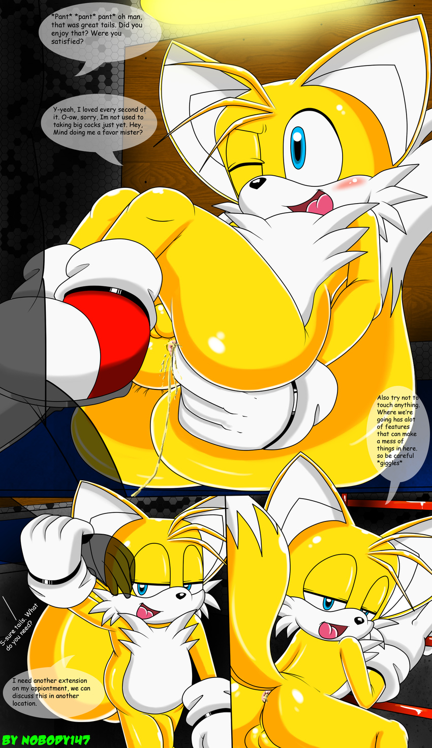 after_sex anal anal_fingering anthro anus balls canine comic cum cum_in_ass cum_inside dialog english_text fingering fox fur gay looking_at_viewer male mammal miles_prower multiple_tails nobody147 nude open_mouth penis sega smile sonic_(series) tails text video_games