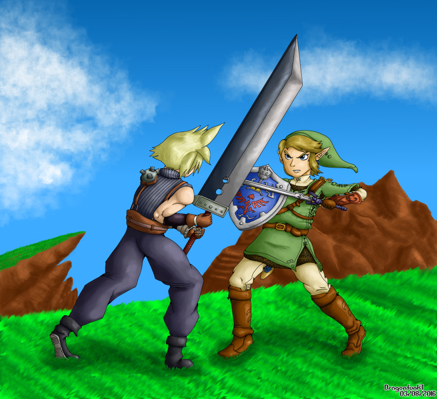 2boys battle blonde_hair blue_eyes boots buster_sword chainmail cloud_strife death_battle fighting final_fantasy final_fantasy_vii full_body gloves green_shirt hat link male_focus master_sword multiple_boys nintendo pointy_ears shield shirt spiked_hair super_smash_bros. sword tagme the_legend_of_zelda tunic weapon zipper_footwear