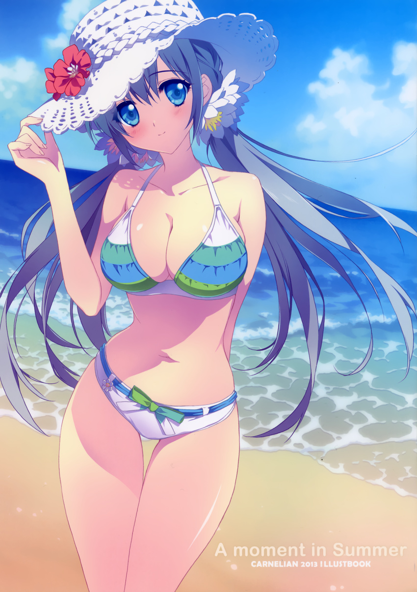 absurdres arm_behind_back beach bikini blue_eyes blue_sky blush breasts carnelian cleavage cloud day flower green_bikini grey_hair hair_flower hair_ornament hat highres large_breasts long_hair looking_at_viewer navel ocean original outdoors sand scan shiny shiny_skin sky smile solo sun_hat swimsuit thigh_gap twintails water