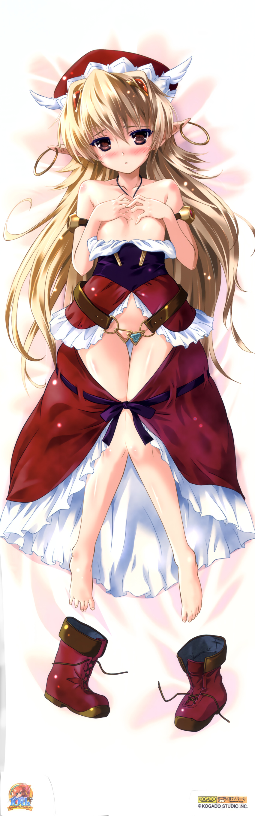 absurdres aoi_sora_no_neosphere belt blonde_hair blush brown_eyes censored convenient_censoring dakimakura dress earrings elincie_yerthrop full-face_blush full_body hands_on_own_chest highres hoop_earrings jewelry komatsu_eiji legs no_bra no_panties pointy_ears shoes_removed solo