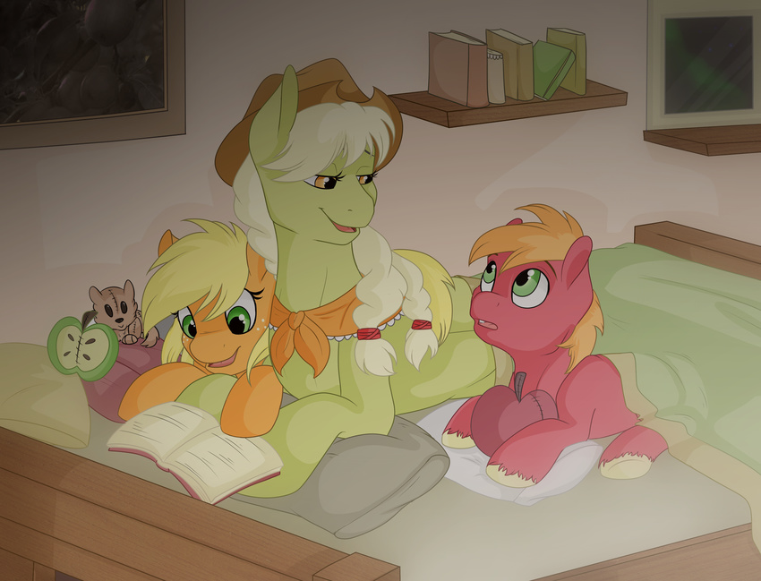 amber_eyes applejack_(mlp) bed big_macintosh_(mlp) book cowboy_hat cub equine female feral freckles friendship_is_magic fur granny_smith_(mlp) green_eyes green_fur group hat horse llacky male mammal my_little_pony orange_fur pony red_fur young younger