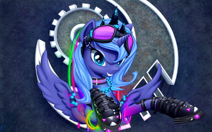 2014 blue_eyes blue_hair collar crown equine eyewear female feral friendship_is_magic glowstick goggles hair hi_res horn long_hair mammal my_little_pony princess_luna_(mlp) royalty smile solo winged_unicorn wings xn-dragon