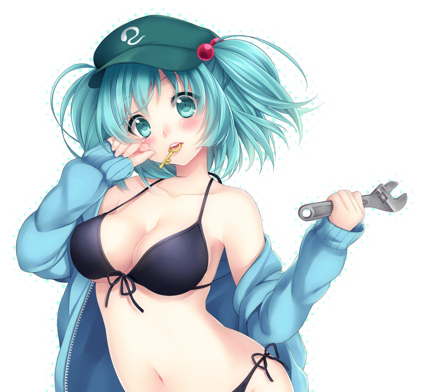 aqua_eyes aqua_hair bad_id bad_pixiv_id bikini black_bikini blue_eyes blue_hair blush breasts cleavage etou_(cherry7) front-tie_top hair_bobbles hair_ornament hat highres jacket kawashiro_nitori key large_breasts long_sleeves looking_at_viewer mouth_hold navel off_shoulder open_clothes open_jacket parted_lips short_hair side-tie_bikini simple_background solo strap_gap swimsuit touhou two_side_up white_background wrench