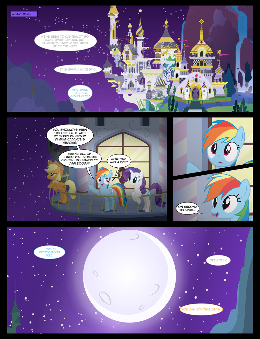 applejack_(mlp) castle comic cowboy_hat cutie_mark english_text equine feral friendship_is_magic hat hi_res horn horse mammal moon my_little_pony night pegasus pony rainbow_dash_(mlp) rarity_(mlp) text unicorn wings xenoneal