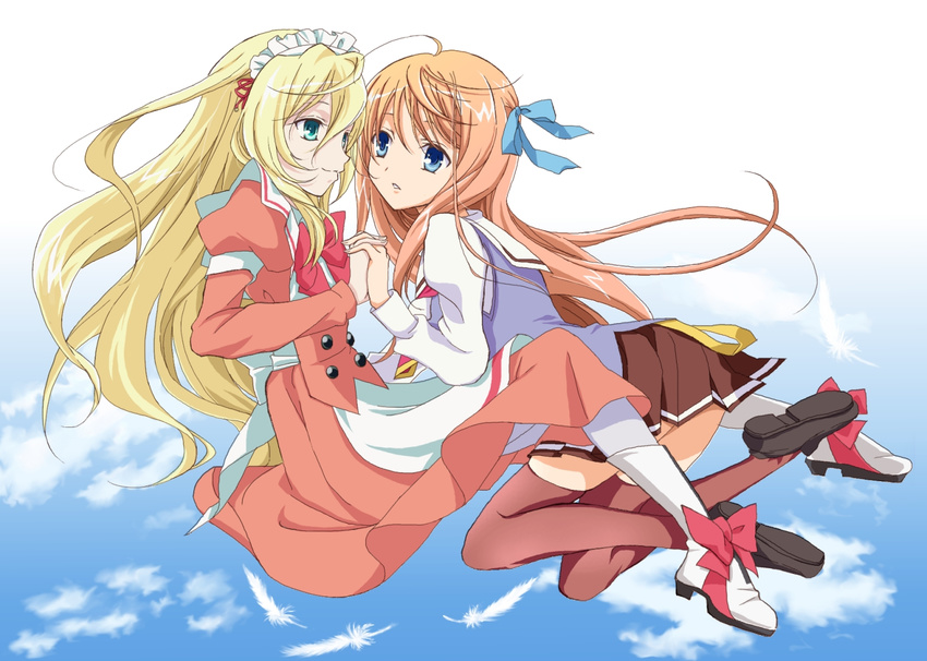 anime_coloring apron aqua_eyes blonde_hair blue_eyes boots bow bowtie dress feathers full_body hair_between_eyes hair_ribbon holding_hands kyoushirou_to_towa_no_sora long_hair long_sleeves maid_headdress multiple_girls official_style orange_dress parted_lips pleated_skirt puffy_long_sleeves puffy_sleeves red_legwear ribbon school_uniform setsuna_(kyoushirou) shiratori_kuu skirt sky thighhighs waist_apron wakusei_hakai_otoko white_footwear zettai_ryouiki