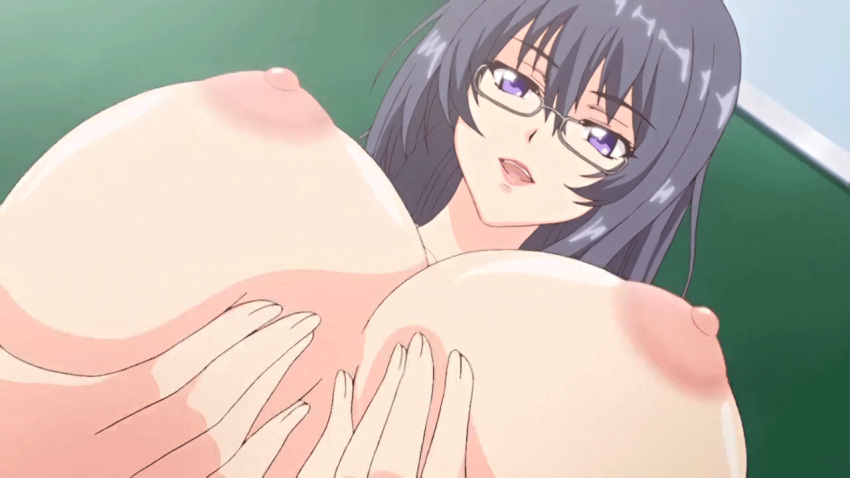 1girl amamiya_akira_(saimin_class) animated animated_gif areolae black_hair breasts breasts_outside glasses huge_breasts long_hair nipples purple_eyes saimin_class talking teacher