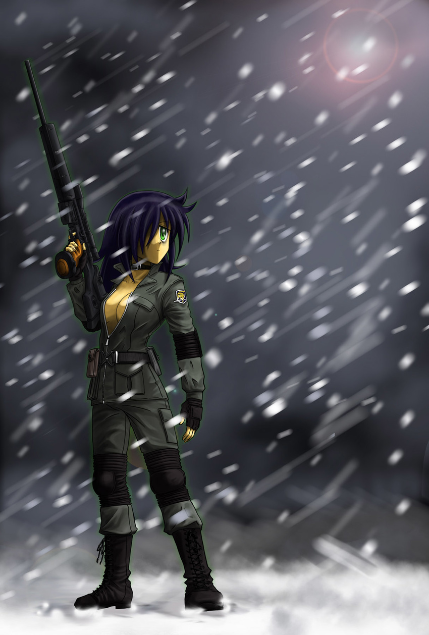 bad_id bad_pixiv_id bags_under_eyes black_hair breasts choker cleavage cosplay full_body gemini69 green_eyes gun hair_over_one_eye highres jacket kuroki_tomoko long_hair medium_breasts metal_gear_(series) metal_gear_solid open_clothes open_jacket psg-1 rifle sniper_rifle sniper_wolf sniper_wolf_(cosplay) snow solo watashi_ga_motenai_no_wa_dou_kangaetemo_omaera_ga_warui! weapon