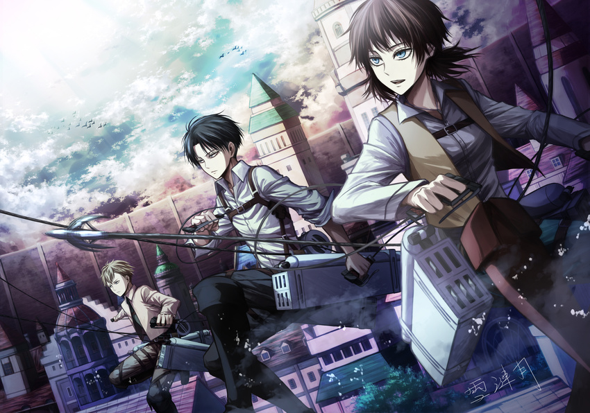 angel31424 animal bird black_eyes black_hair blue_eyes brown_hair building rivaille shingeki_no_kyojin short_hair sky sword weapon