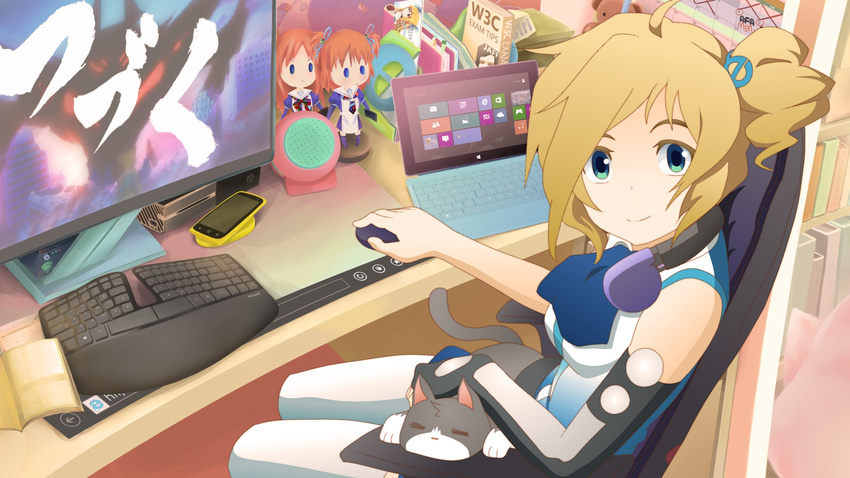 aizawa_inori ascot book brown_hair cat cellphone character_doll commentary computer desk detached_sleeves dress english_commentary figure game_console hair_ornament headphones headphones_around_neck highres internet_explorer looking_at_viewer madobe_ai madobe_yuu microsoft monitor mouse official_art os-tan phone product_placement side_ponytail sleeveless sleeveless_dress smartphone solo tablet thighhighs waha_(artist) wallpaper xbox_one