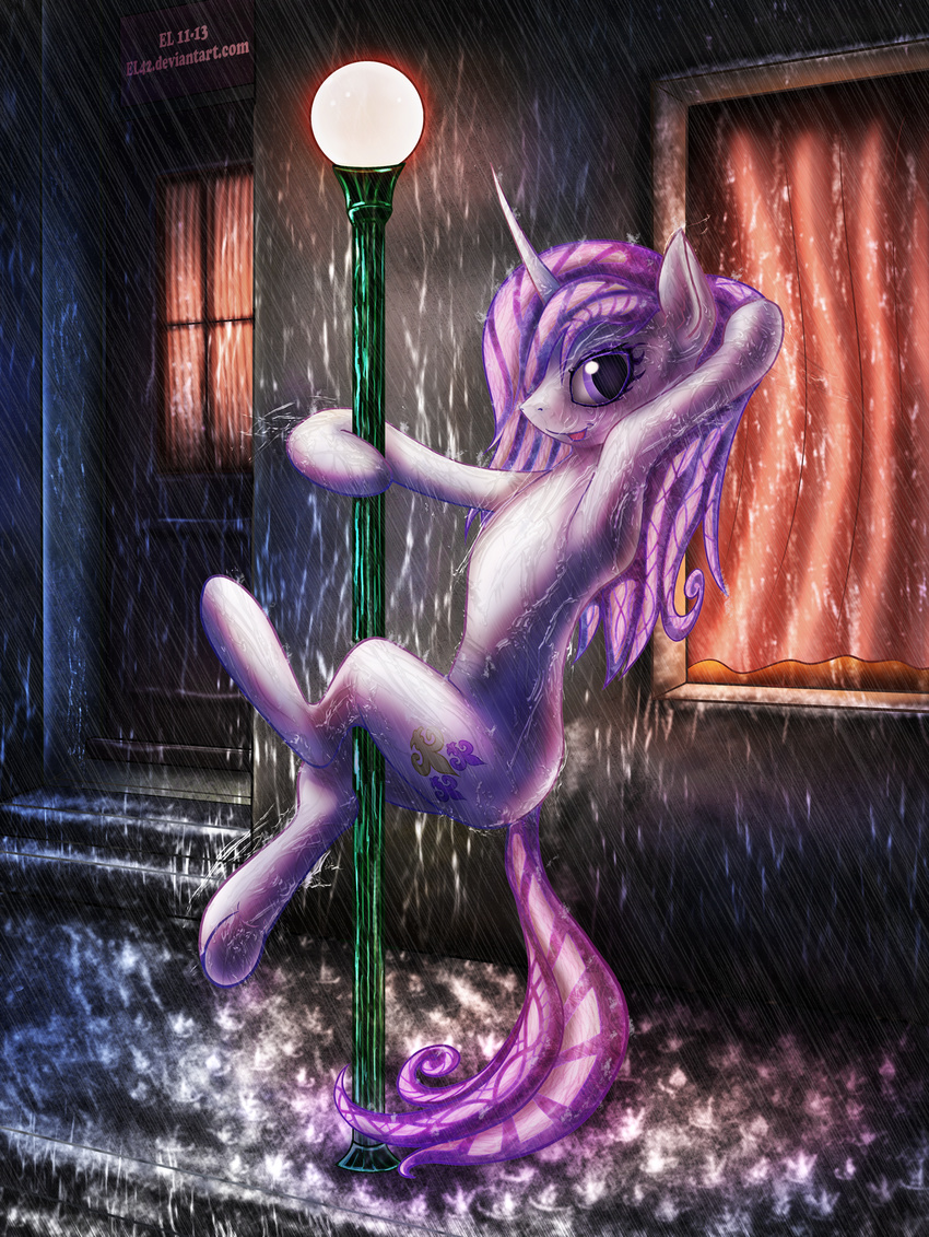 detailed detailed_background door el42 equine eyelashes eyeshadow female feral fleur_de_lis_(mlp) friendship_is_magic fur hair hanging hi_res horn horse lamppost looking_at_viewer makeup mammal my_little_pony open_mouth outside pink_hair pony purple_eyes rain smile solo unicorn wet_fur wet_hair white_fur