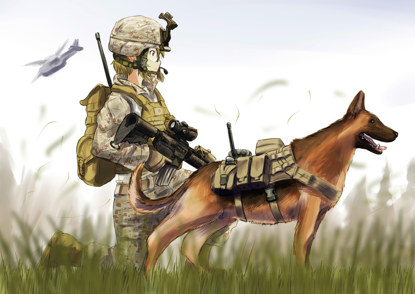 absurdres aircraft ammunition_pouch assault_rifle backpack bag blonde_hair body_armor bulletproof_vest call_of_duty call_of_duty:ghosts canteen dog erica_(naze1940) german_shepherd glasses grass gun headset helicopter helmet highres k9 load_bearing_vest m4_carbine marine_corps marpat military military_uniform one_knee original plate_carrier pouch profile radio radio_antenna rifle riley_(ghosts) short_hair soldier solo uniform weapon yellow_eyes
