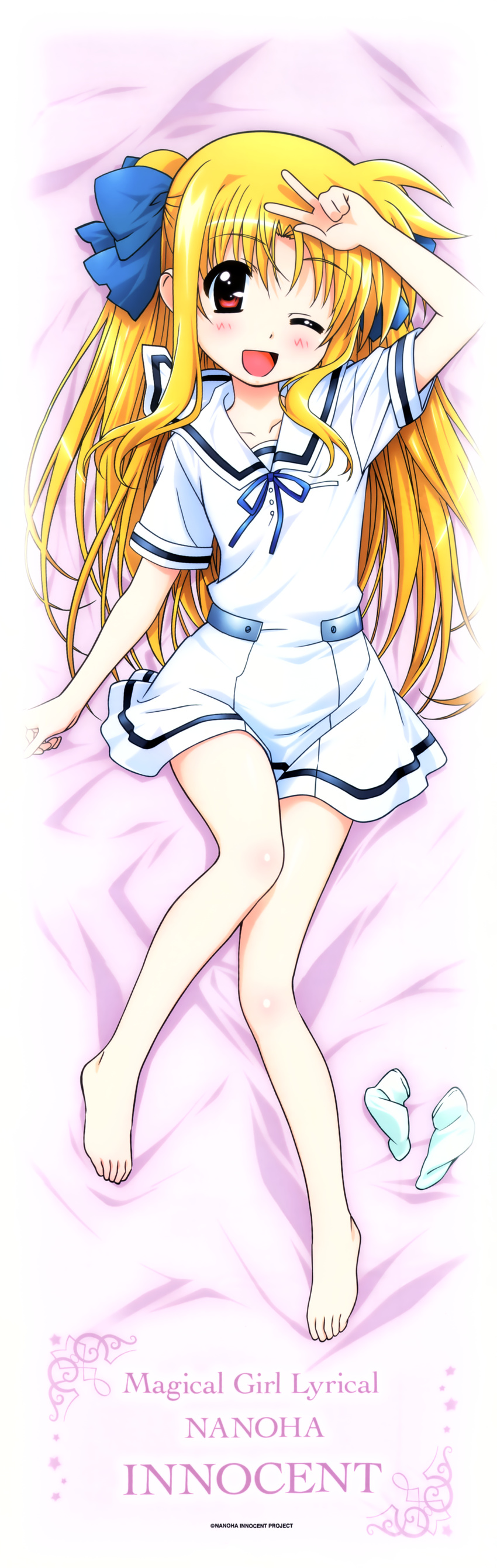 ;d absurdres alicia_testarossa bare_legs barefoot bed blonde_hair blush dakimakura feet fixed highres legs long_hair looking_at_viewer lying lyrical_nanoha mahou_shoujo_lyrical_nanoha_innocent official_art on_back one_eye_closed open_mouth red_eyes school_uniform smile socks_removed toes v wink