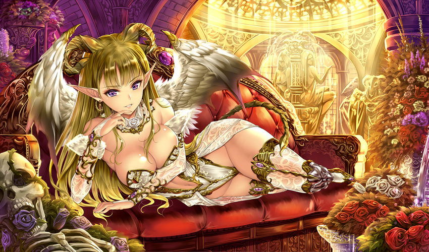 bare_shoulders blonde_hair blush breasts bridal_gauntlets choker cleavage couch demon_girl demon_horns demon_wings feathered_wings flower fountain horns jewelry large_breasts long_hair looking_at_viewer lying navel on_side original pointy_ears purple_eyes rose saburou_(hgmg) single_earring skeleton smile solo tail thighhighs white_legwear wings