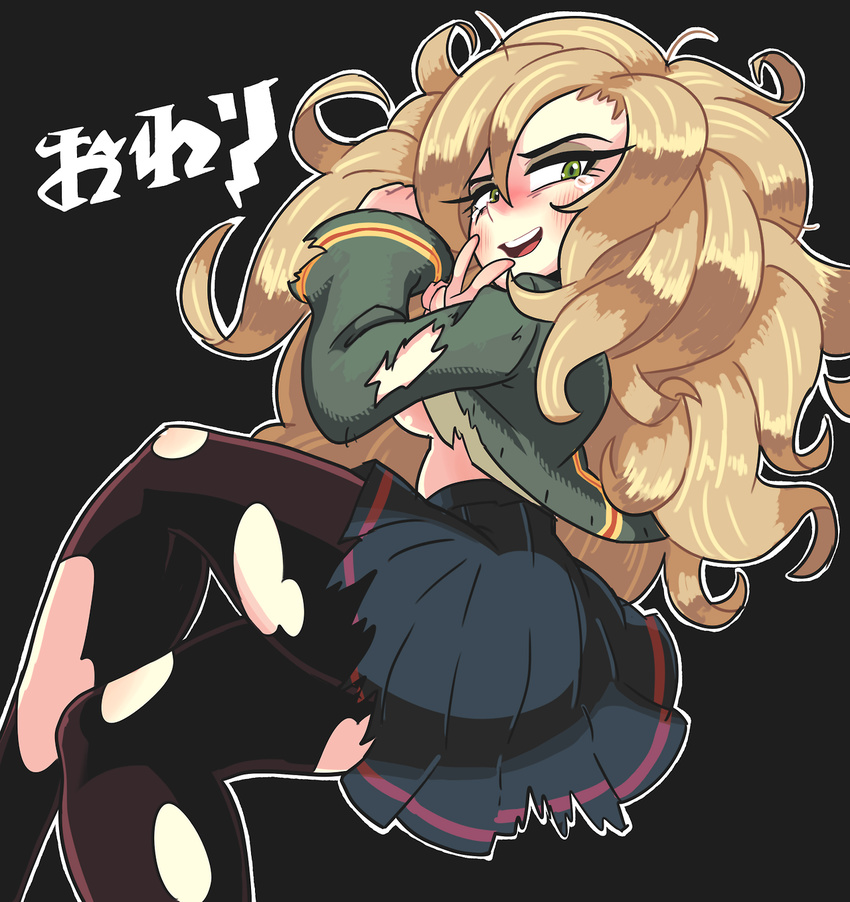 1girl black_background black_legwear blonde_hair blush breasts eyeshadow gashi-gashi green_eyes harry_potter hermione_granger highres makeup messy_hair no_bra pantyhose school_uniform skirt solo tears torn_clothes torn_pantyhose torn_skirt translated translation_request underboob v