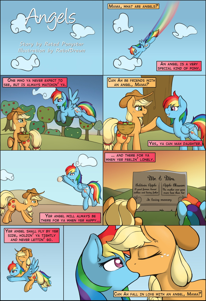 apple applejack_(mlp) ball basket blonde_hair blue_fur carrying cloud comic cowboy_hat cutie_mark duo english_text equine eyes_closed female feral flying freckles friendship_is_magic fruit fur green_eyes grin hair half-closed_eyes hat horse kissing lesbian mammal multi-colored_hair my_little_pony orange_fur outside pagsus pegasus pony purple_eyes rainbow_dash_(mlp) rainbow_hair ratofdrawn smile standing text tombstone tree wings