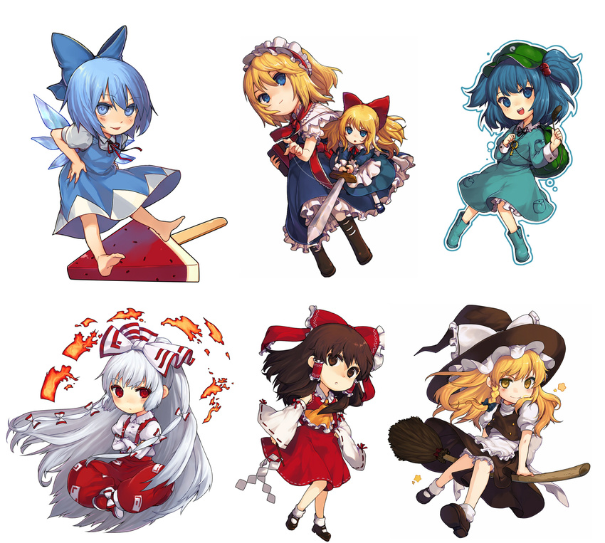 aki_(mare_desiderii) alice_margatroid backpack bag barefoot blonde_hair blue_hair boots bow braid broom broom_riding brown_hair chibi cirno detached_sleeves dress food fujiwara_no_mokou gohei hair_bow hair_ribbon hairband hakurei_reimu hat highres kawashiro_nitori kirisame_marisa lolita_hairband long_hair mary_janes multiple_girls pocket popsicle ribbon ribbon-trimmed_sleeves ribbon_trim rubber_boots shanghai_doll shoes side_braid silver_hair socks string suspenders sword touhou two_side_up very_long_hair watermelon_bar weapon white_legwear witch_hat