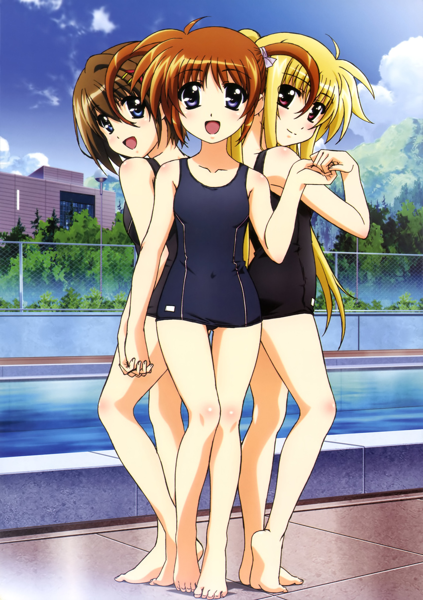 :d absurdres barefoot black_school_swimsuit blush fate_testarossa flat_chest hashimoto_takayoshi highres holding_hands interlocked_fingers legs looking_at_viewer lyrical_nanoha mahou_shoujo_lyrical_nanoha mahou_shoujo_lyrical_nanoha_a's mahou_shoujo_lyrical_nanoha_the_movie_2nd_a's multiple_girls official_art one-piece_swimsuit open_mouth pool poolside school_swimsuit smile swimsuit takamachi_nanoha yagami_hayate