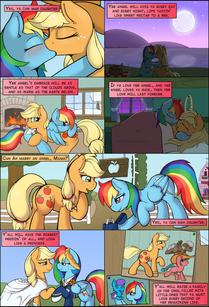 applejack_(mlp) barn basket bed bedroom blonde_hair blue_fur blush brown_fur clothing comic cowboy_hat cub curtains cutie_mark dress english_text equine eyes_closed female fence feral fireplace flower freckles friendship_is_magic fur green_eyes grey_hair hair half-closed_eyes happy hat holding horse inside kissing lesbian lying mammal moon multi-colored_hair my_little_pony on_back on_front on_top one_eye_closed orange_fur outside pagsus pegasus photo picnic pony purple_eyes rainbow_dash_(mlp) rainbow_hair ratofdrawn ring sitting smile standing tears text tree wedding window wings young