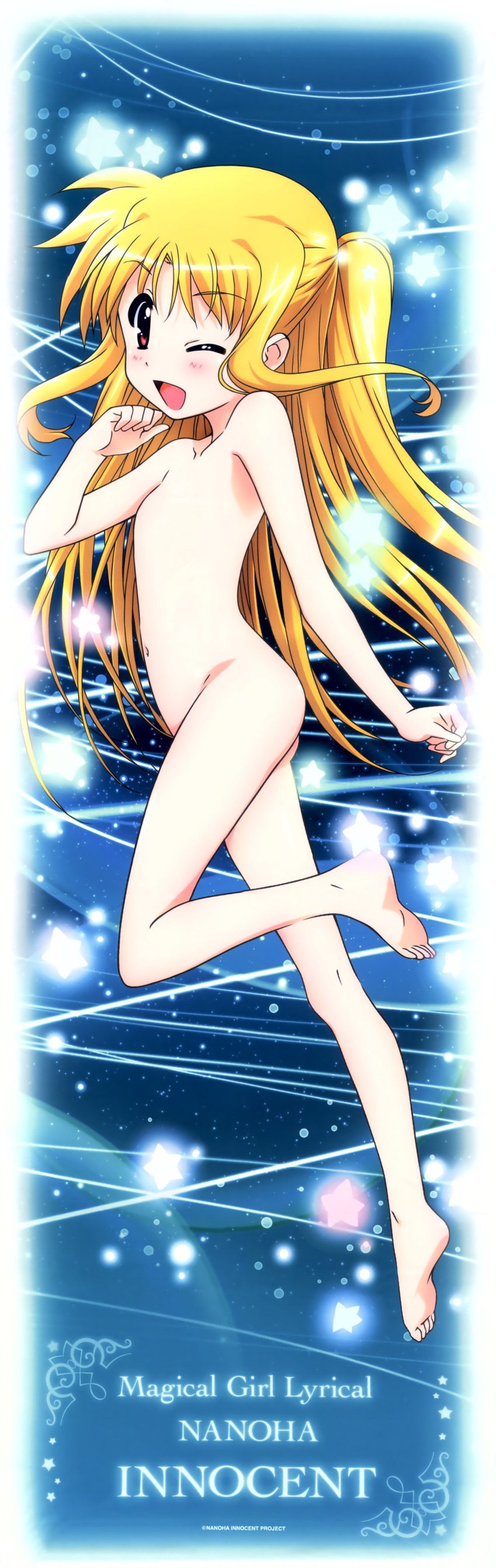 1girl ;d absurdres alicia_testarossa barefoot blonde_hair blush dakimakura feet fixed flat_chest highres huge_filesize legs long_hair looking_at_viewer lyrical_nanoha mahou_shoujo_lyrical_nanoha_innocent navel nude official_art one_eye_closed open_mouth red_eyes smile wink