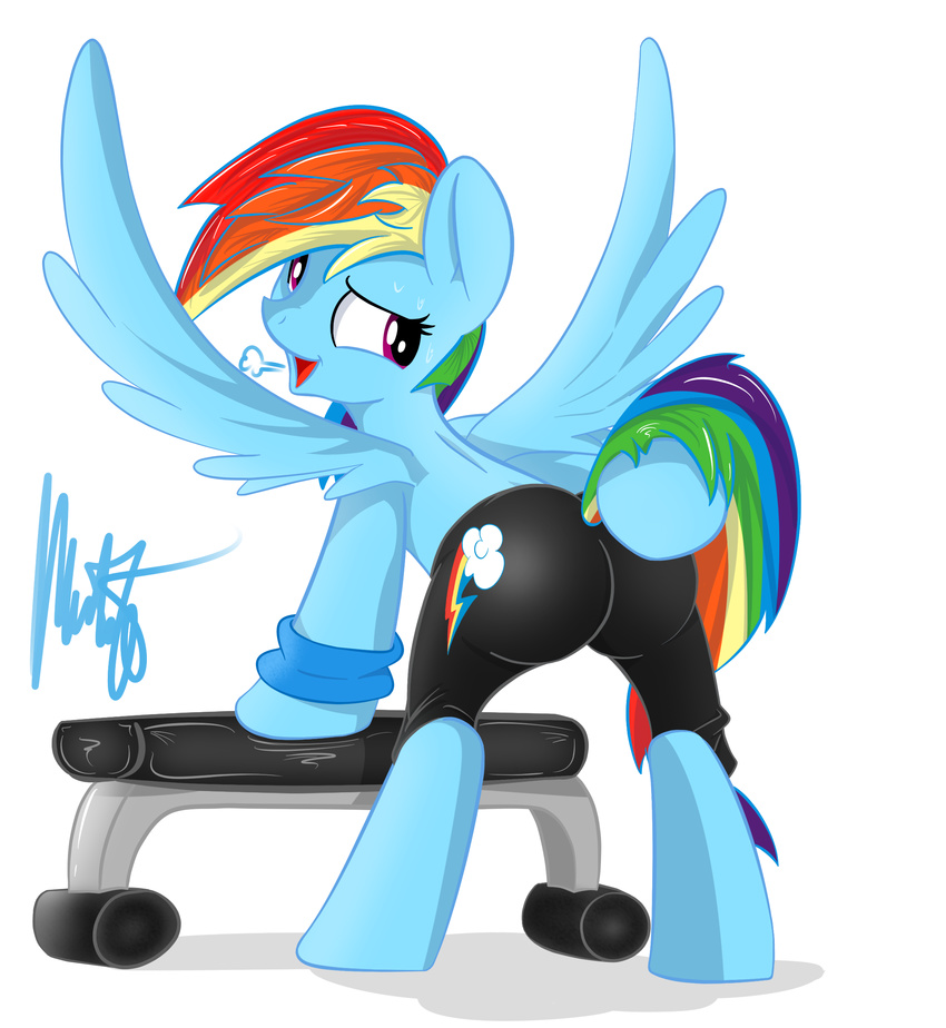 bench blue_fur butt clothing cutie_mark equine female feral friendship_is_magic fur hair looking_at_viewer mammal matackable multi-colored_hair my_little_pony open_mouth pegasus plain_background presenting purple_eyes rainbow_dash_(mlp) solo sweat tight_clothing topless white_background wing_boner wings wristband