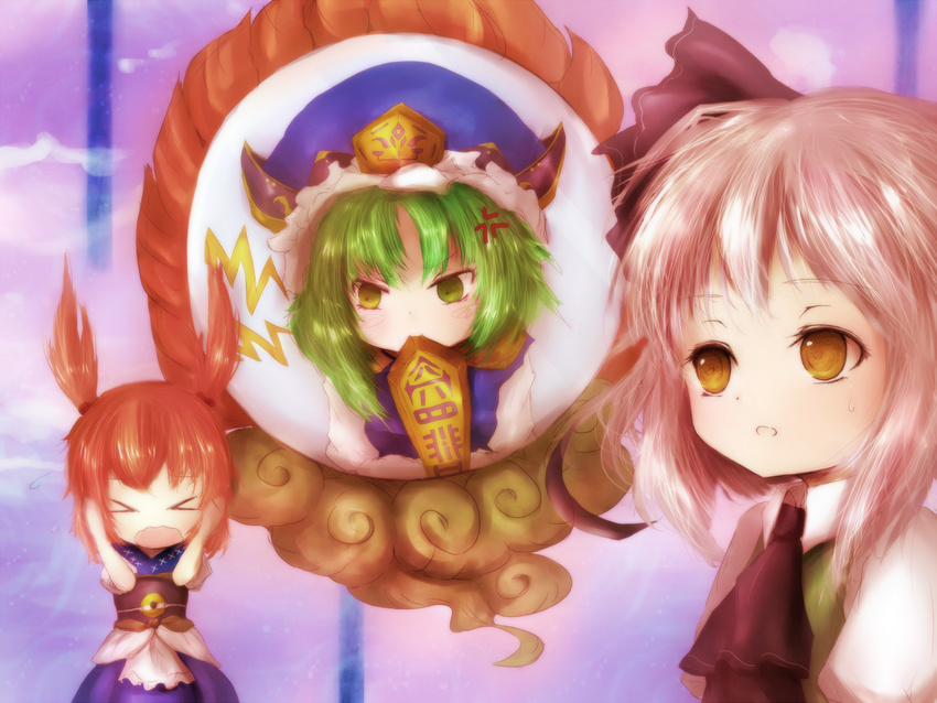 &gt;_&lt; alternate_eye_color amanojaku anger_vein ascot bad_id bad_pixiv_id belt biting closed_eyes cookie_(touhou) green_eyes green_hair hair_raising hair_ribbon hands_on_own_head hat konpaku_youmu multiple_girls onozuka_komachi open_mouth puffy_sleeves red_hair ribbon rod_of_remorse sash shiki_eiki shirt silver_hair skirt sweatdrop touhou two_side_up wavy_mouth yellow_eyes