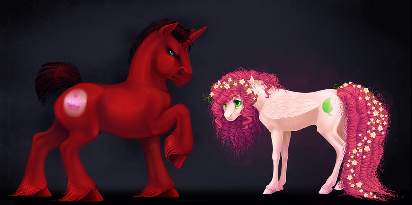 blue_eyes butt curly_hair cutie_mark equine female feral freckles fur green_eyes hair hooves horn horse long_hair mammal mane my_little_pony pink_hair pony red_fur shadowwolf size_difference unicorn white_fur