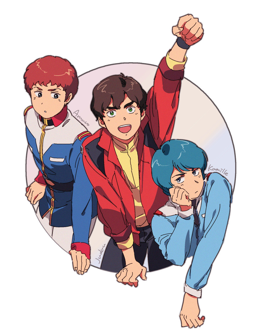 amuro_ray blue_hair brown_hair gundam highres judau_ashta kamille_bidan male_focus mobile_suit_gundam red_hair short_hair uniform yone_f15 zeta_gundam zz_gundam