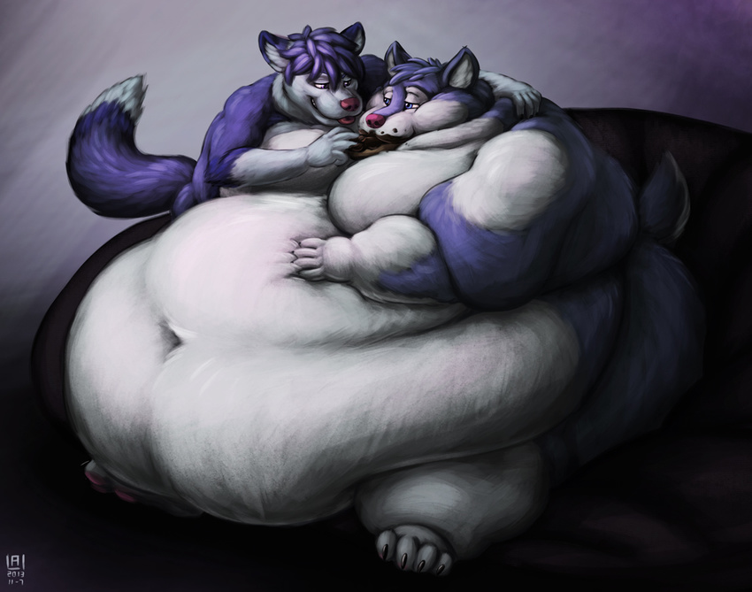 chocolate dog doughnut eating feeding fluffylai husky hybrid immobile male mammal moobs obese overweight size_difference weight_gain wolf