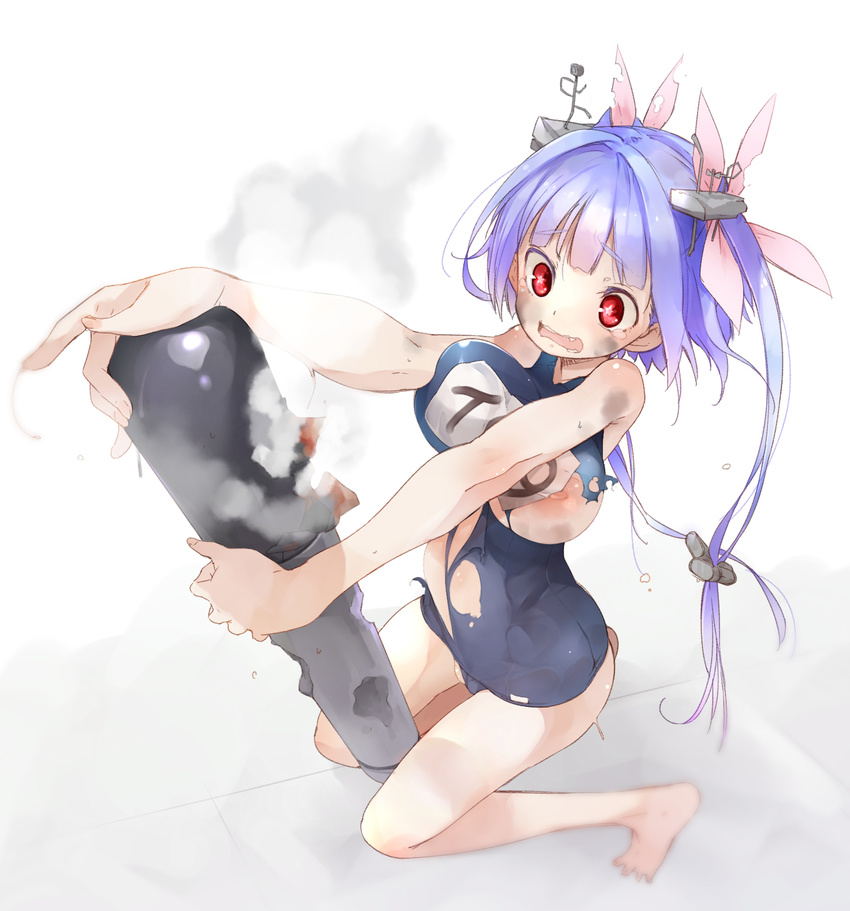 aka_ume barefoot blue_hair breasts gradient_hair hair_ribbon highres i-19_(kantai_collection) kantai_collection large_breasts long_hair multicolored_hair nipples one-piece_swimsuit pink_hair red_eyes ribbon school_swimsuit solo star star-shaped_pupils swimsuit symbol-shaped_pupils torn_clothes torpedo twintails wavy_mouth