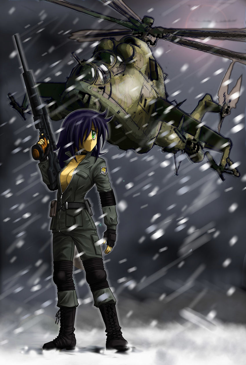 aircraft bags_under_eyes black_hair breasts choker cleavage cosplay full_body gemini69 green_eyes gun hair_over_one_eye helicopter highres jacket kuroki_tomoko long_hair medium_breasts metal_gear_(series) metal_gear_solid mi-24 open_clothes open_jacket psg-1 rifle sniper_rifle sniper_wolf sniper_wolf_(cosplay) snow solo watashi_ga_motenai_no_wa_dou_kangaetemo_omaera_ga_warui! weapon