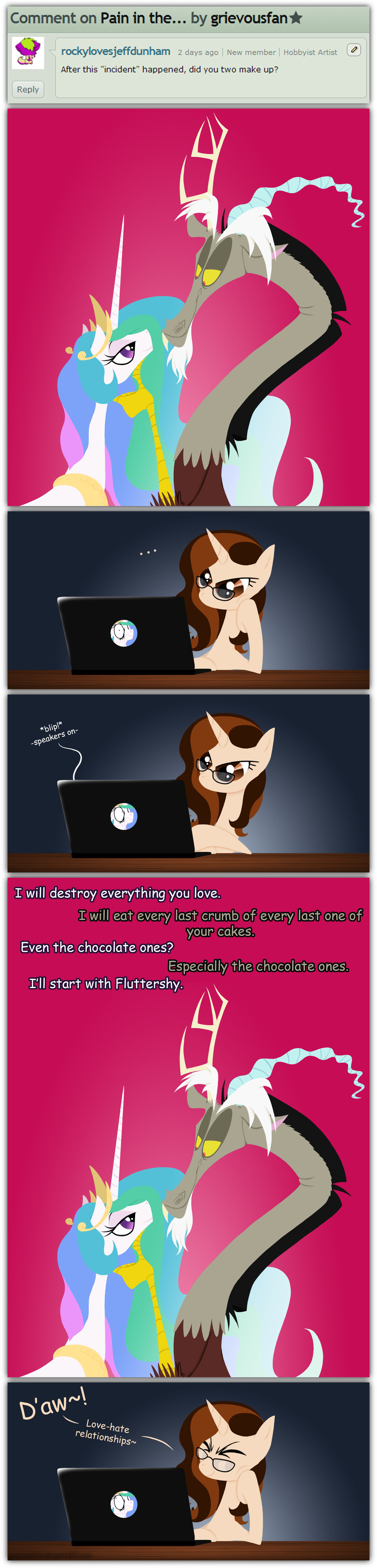 antler antlers brown_eyes brown_hair comic computer crown deviantart dialog discord_(mlp) draconequus english_text equine eyewear fangs female feral friendship_is_magic glasses gold grievousfan hair horn horse laptop love_hate_relationship male mammal multi-colored_hair my_little_pony necklace original_character pony princess_celestia_(mlp) purple_eyes red_eyes text two_tone_hair unicorn