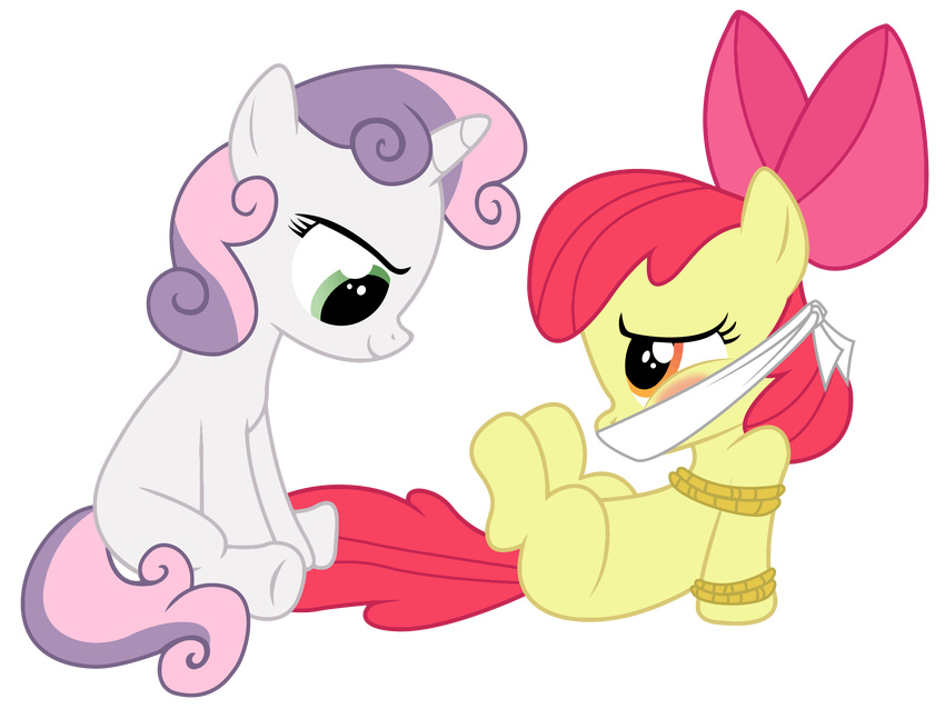 amber_eyes apple_bloom_(mlp) blush bound cub equine female feral friendship_is_magic fur green_eyes hair hi_res horn horse mammal my_little_pony pony red_hair sweetie_belle_(mlp) two_tone_hair unicorn unknown_artist white_fur yellow_fur young